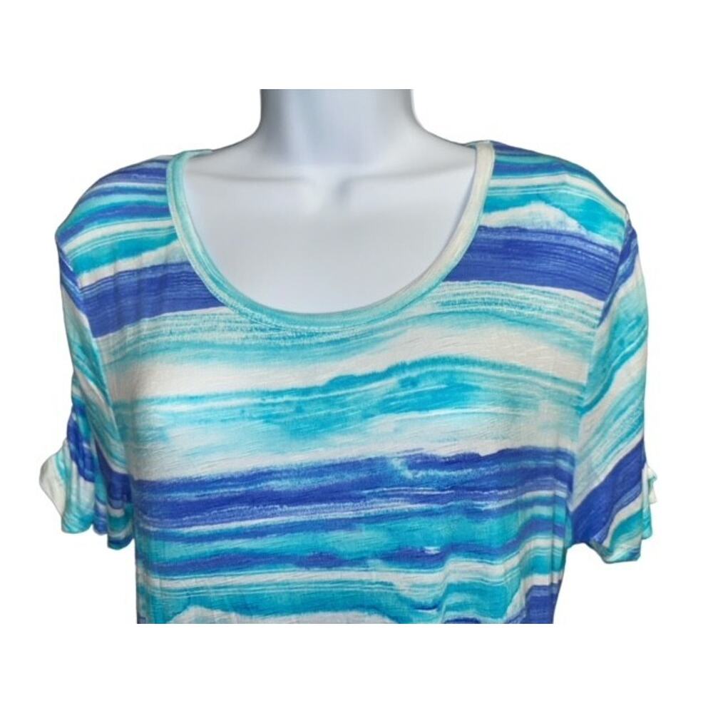 Onque Casual XL Top Charming Blue Striped Ruffles Comfy Soft Fabric Fancy Ruche - Picture 3 of 6